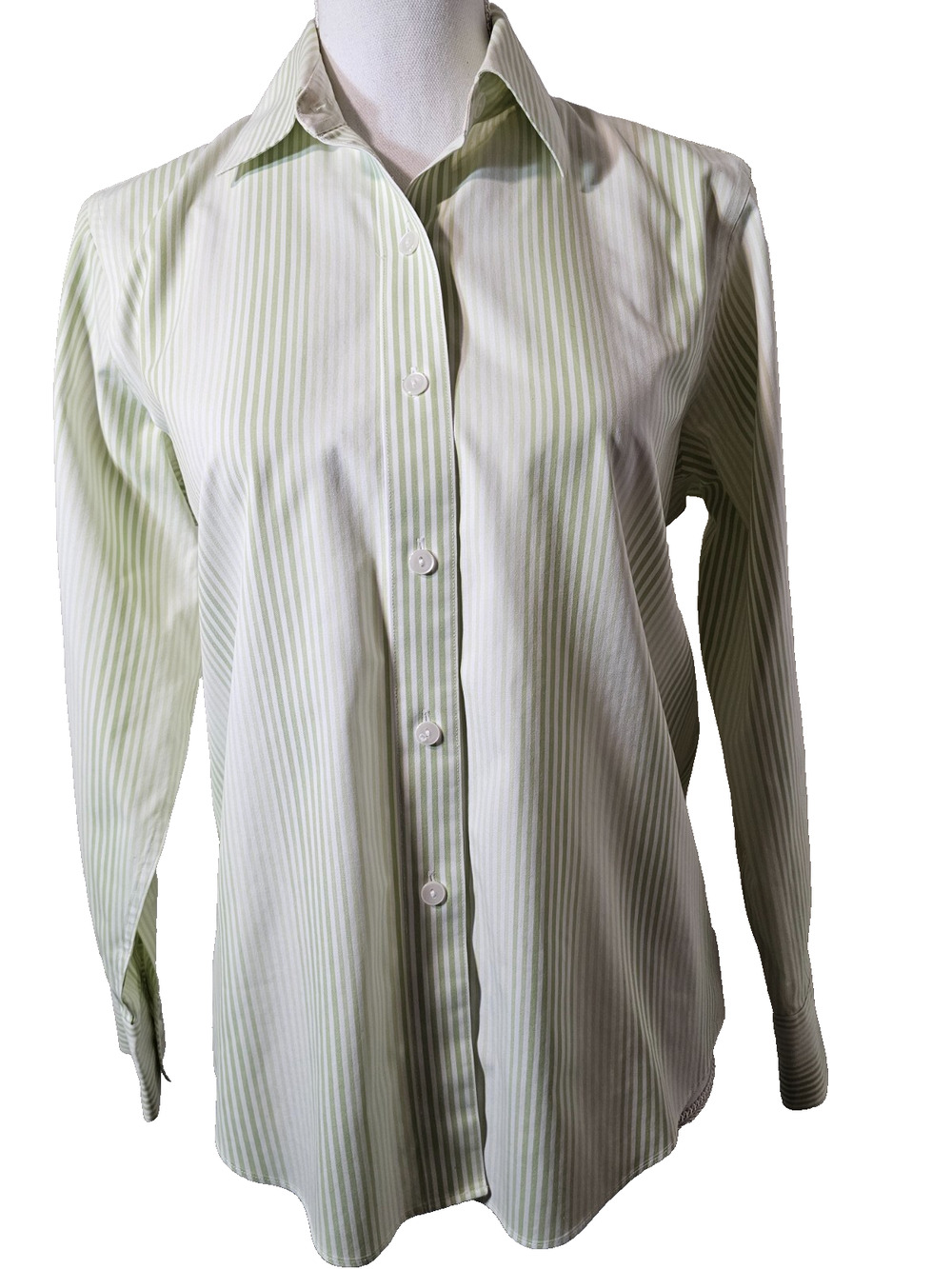 Talbots Petites Womens Wrinkle Resistant Green White Striped Button Up Shirt 6P
